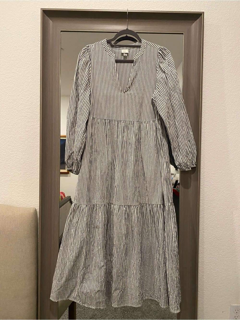a new day Black and White Striped Long Sleeve Tiered Midi Dress